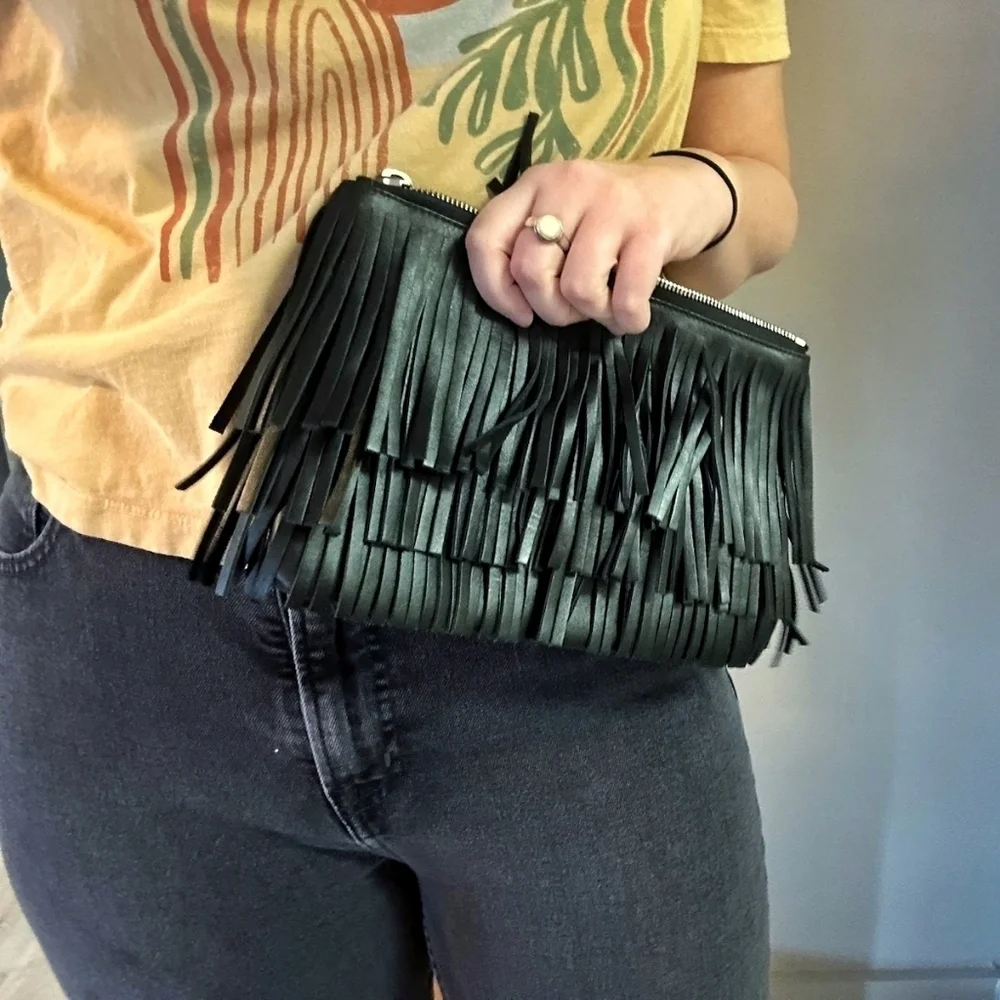 Yves Saint Laurent \ Black Leather Tassle Fringe Clutch